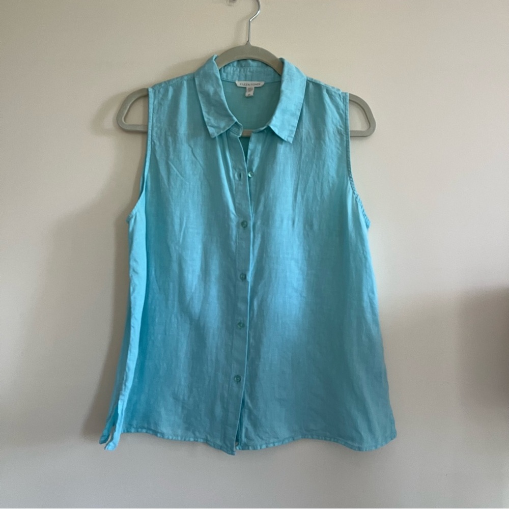 Eileen Fisher Blue Button Down Blouse with Peter Pan Collar